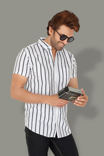 Men's White Cotton Striped Half Sleeve Shirt