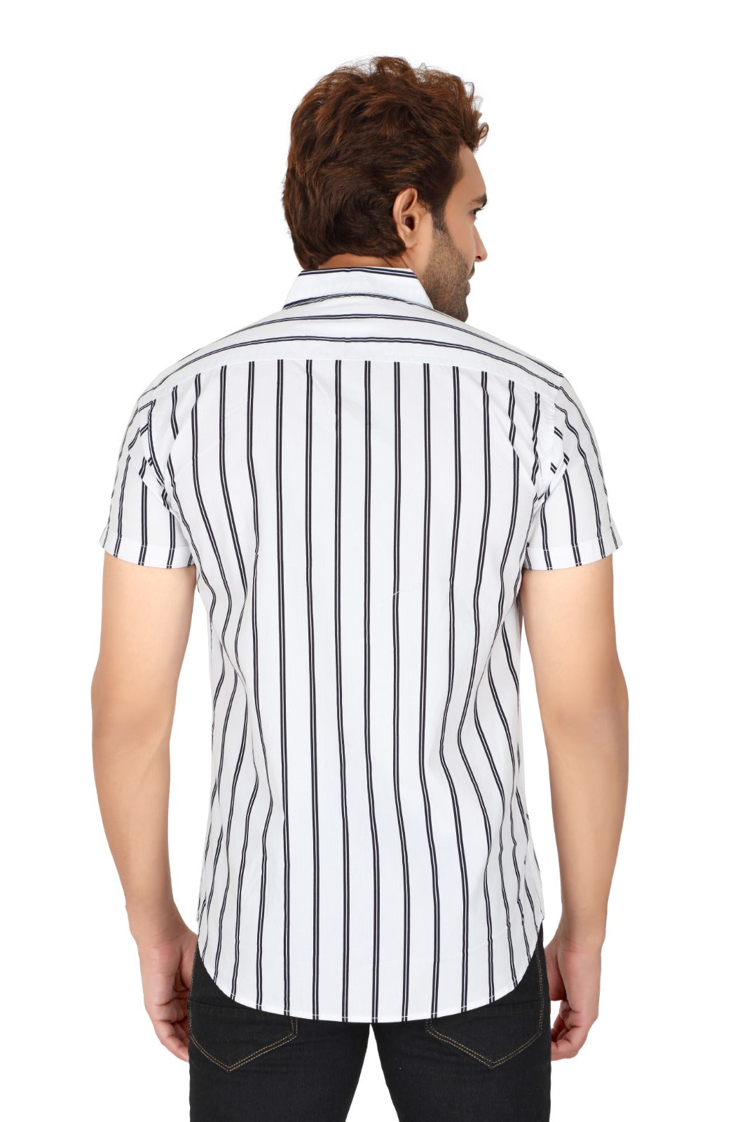Men's White Cotton Striped Half Sleeve Shirt