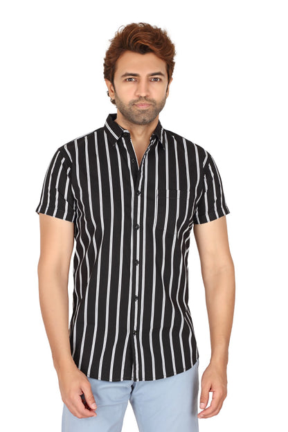 Men's Black Cotton Striped Half Sleeve Shirt