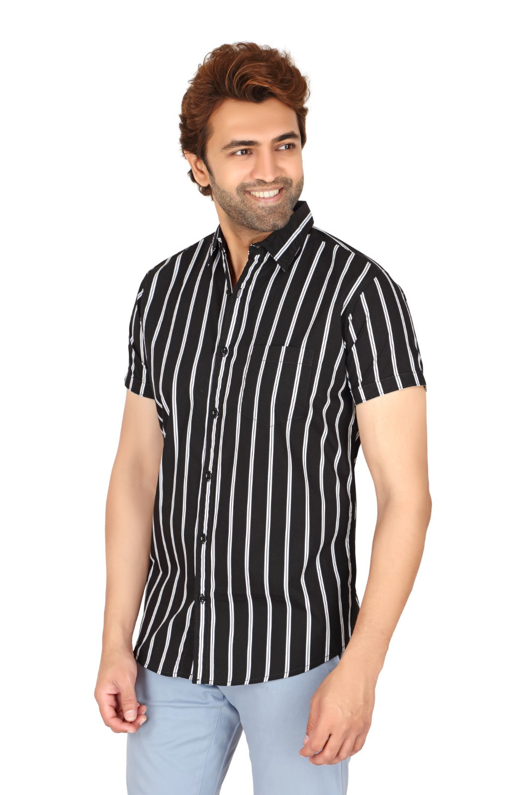 Men's Black Cotton Striped Half Sleeve Shirt