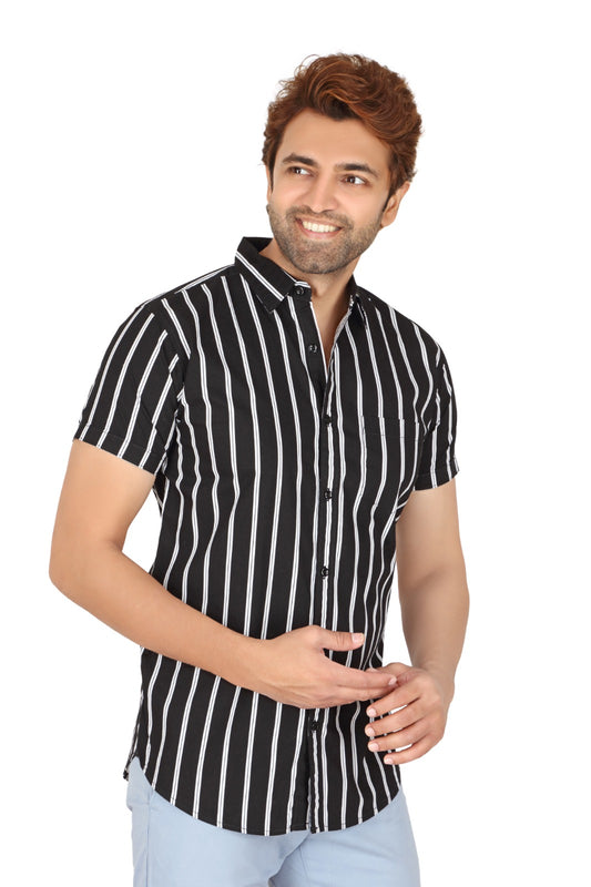Men's Black Cotton Striped Half Sleeve Shirt