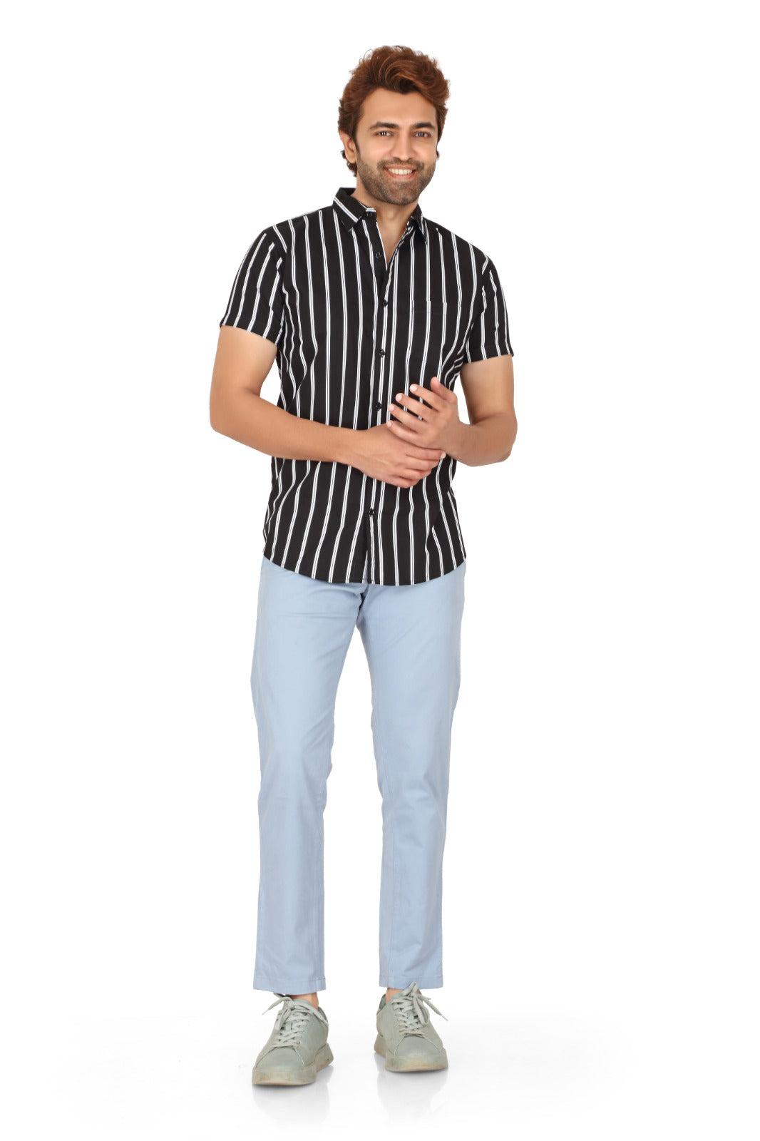 Men's Black Cotton Striped Half Sleeve Shirt