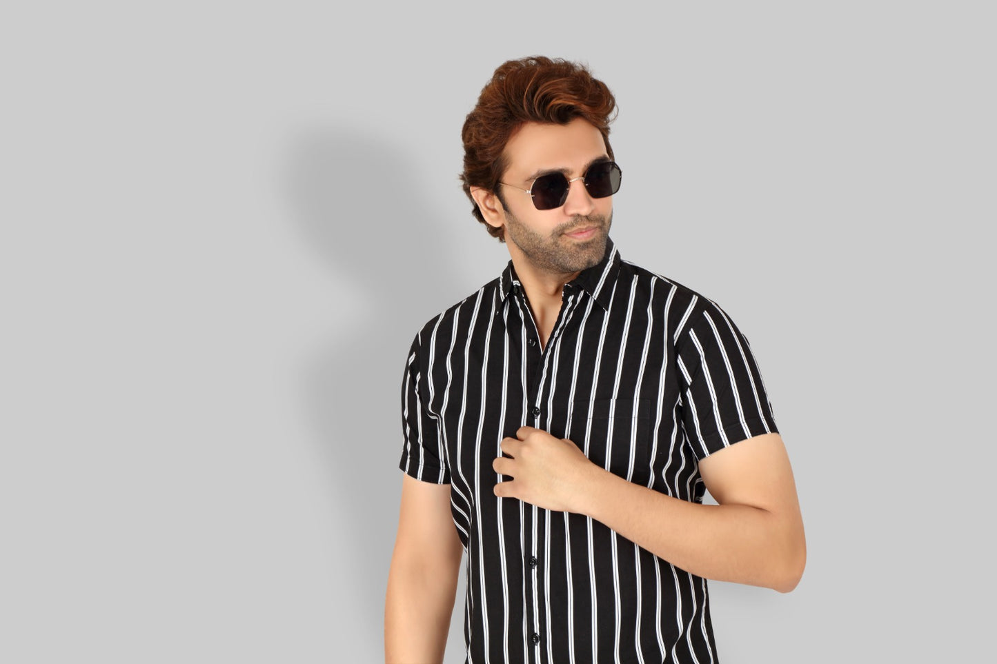 Men's Black Cotton Striped Half Sleeve Shirt