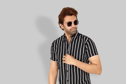Men's Black Cotton Striped Half Sleeve Shirt