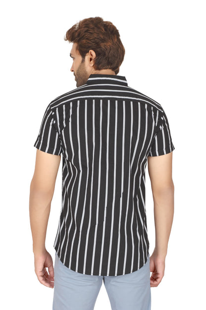 Men's Black Cotton Striped Half Sleeve Shirt