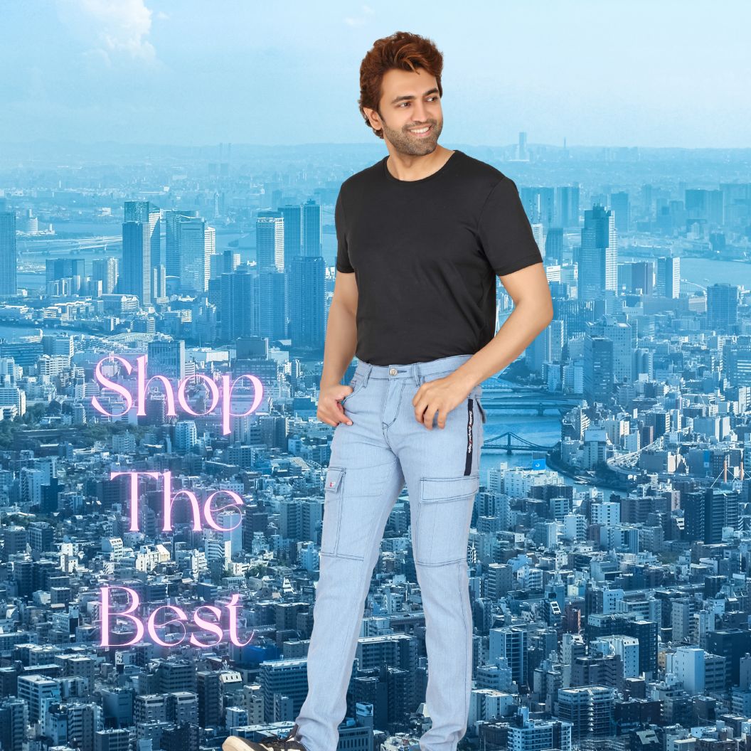 Men’s SKY BLUE Straight Fit Denim Cargo Jeans | Casual Mid-Rise with Six Pockets