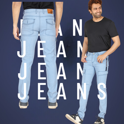 Men’s SKY BLUE Straight Fit Denim Cargo Jeans | Casual Mid-Rise with Six Pockets