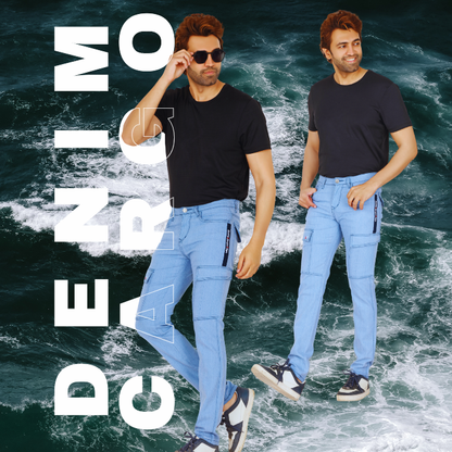 Men’s SKY BLUE Straight Fit Denim Cargo Jeans | Casual Mid-Rise with Six Pockets