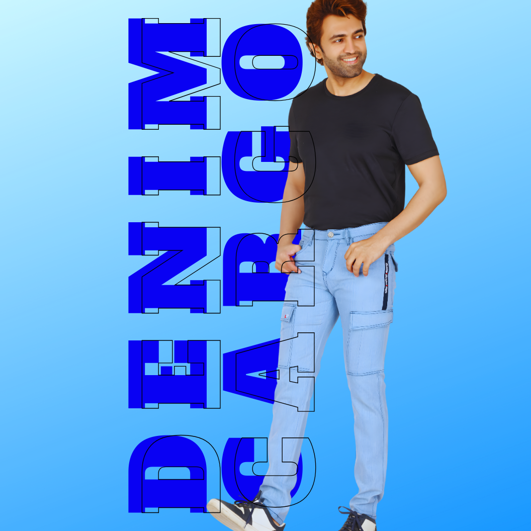 Men’s SKY BLUE Straight Fit Denim Cargo Jeans | Casual Mid-Rise with Six Pockets