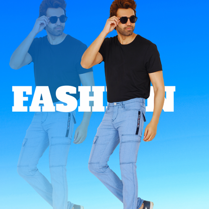 Men’s SKY BLUE Straight Fit Denim Cargo Jeans | Casual Mid-Rise with Six Pockets