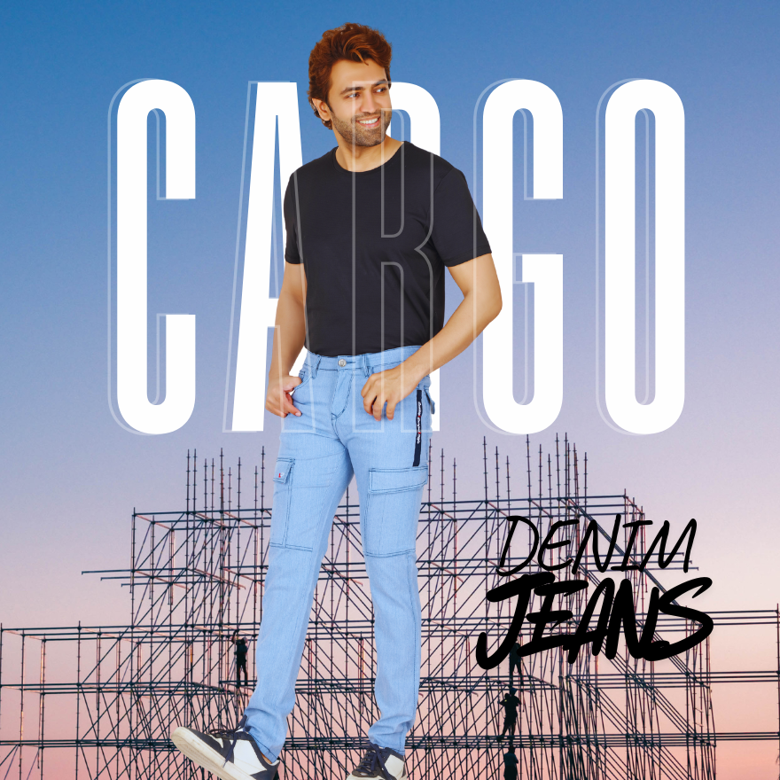 Men’s SKY BLUE Straight Fit Denim Cargo Jeans | Casual Mid-Rise with Six Pockets