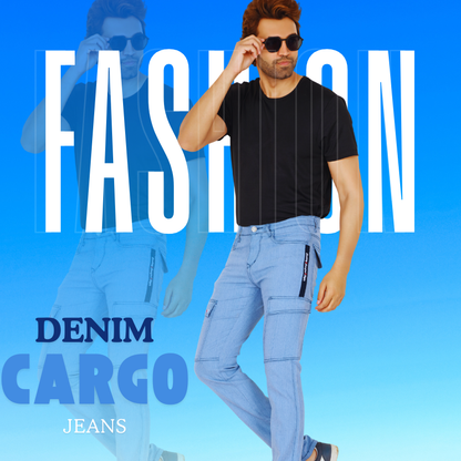 Men’s SKY BLUE Straight Fit Denim Cargo Jeans | Casual Mid-Rise with Six Pockets