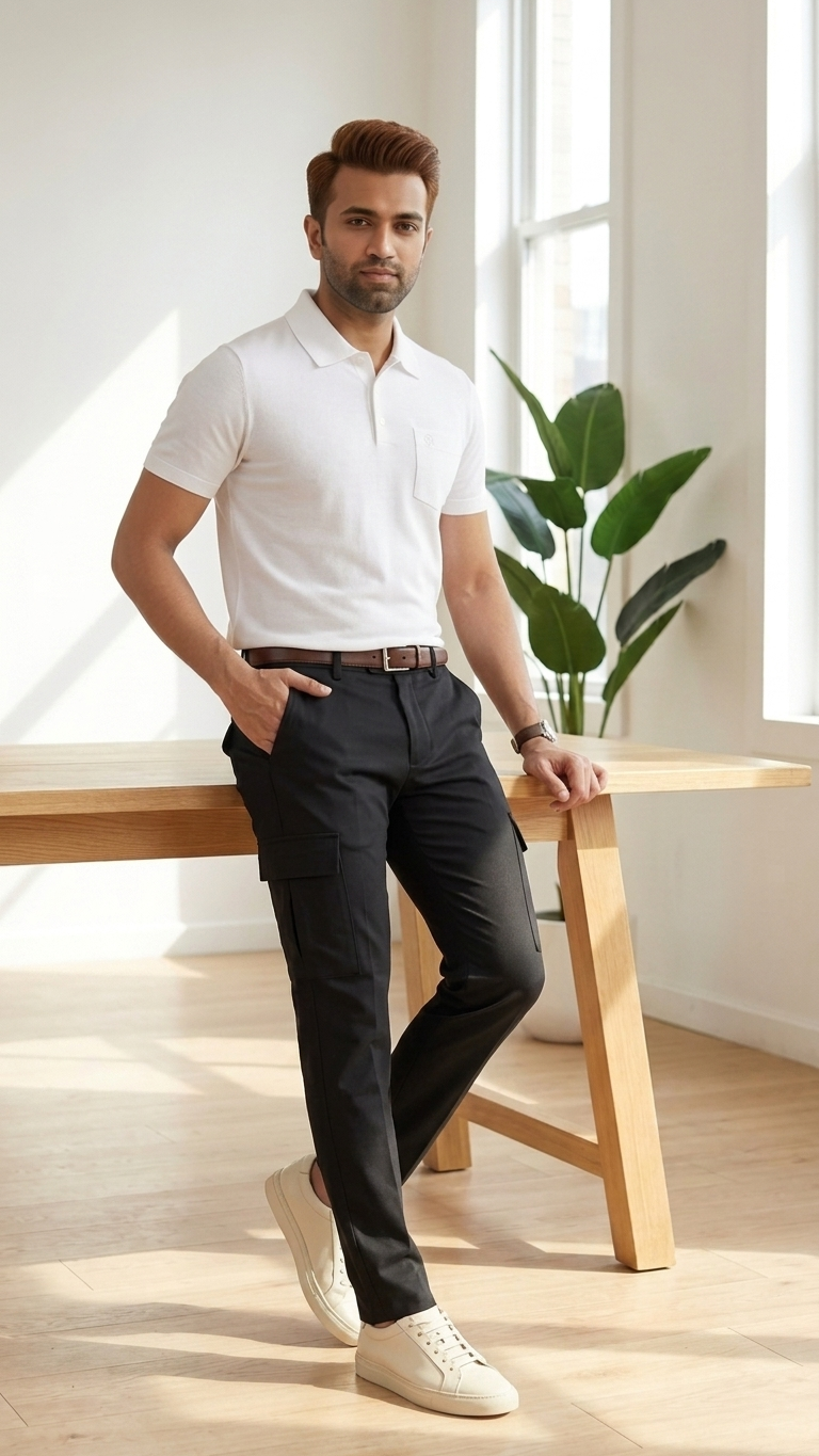 Men's Black Relaxed Fit Cotton Cargo Pants by LP CREATION