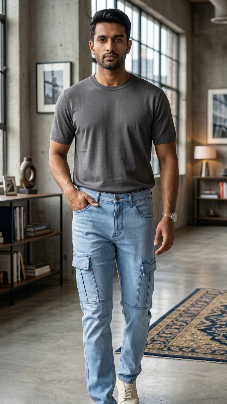 Men’s SKY BLUE Straight Fit Denim Cargo Jeans | Casual Mid-Rise with Six Pockets