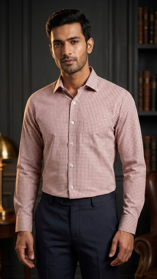 Men's Formal RED Checked Shirt | Regular Fit, Wrinkle-Free & Easy-Iron