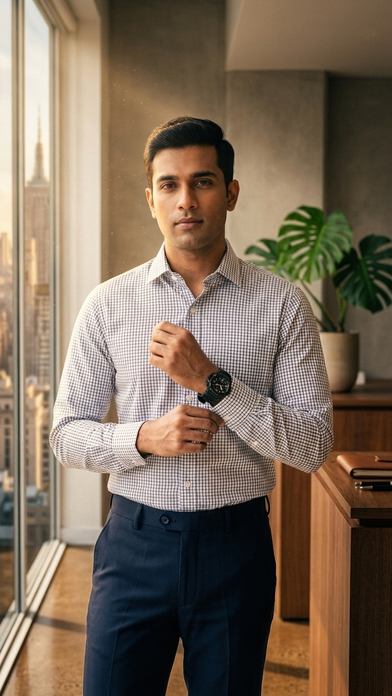 LP Creation Men's Formal Checked Shirt with Flex Spread Collar