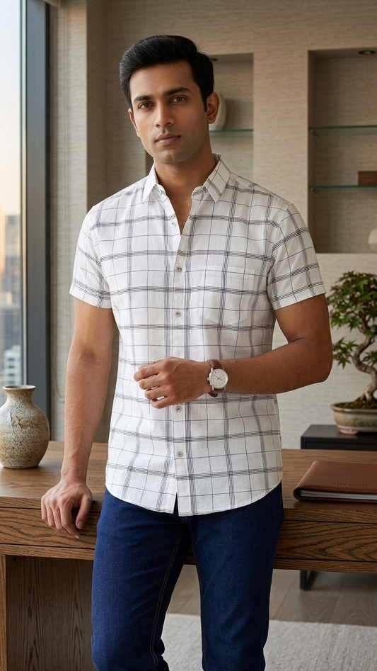 Men's White Checked Half Sleeve Casual Shirt | Regular Fit