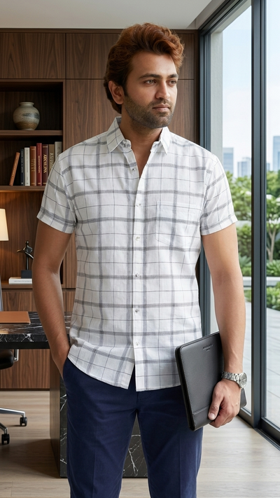 Men's White Checked Half Sleeve Casual Shirt | Regular Fit