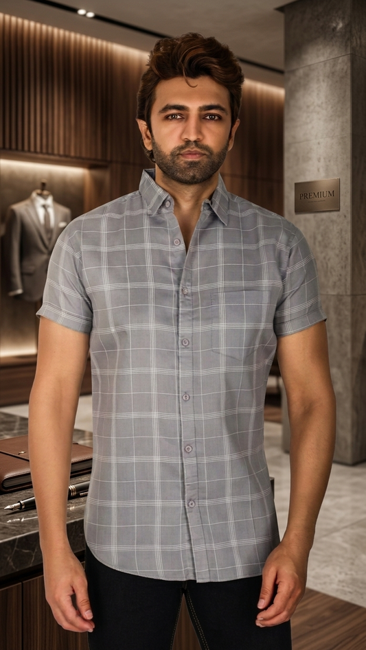 Men's Casual Grey Half-Sleeve Checked Shirt | Wrinkle-Free & Easy-Iron